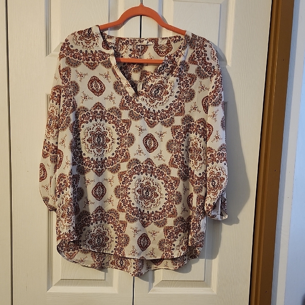 Maurices Women's Patterned Blouse - Cream and Brown